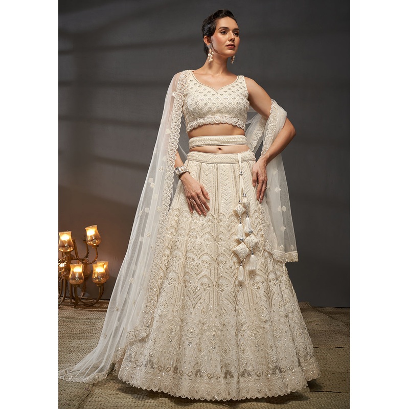 Net Cream Heavy Embroidered Designer Bridal Lehenga Choli