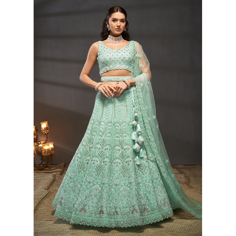 Net Turquoise Heavy Embroidered Designer Bridal Lehenga Choli