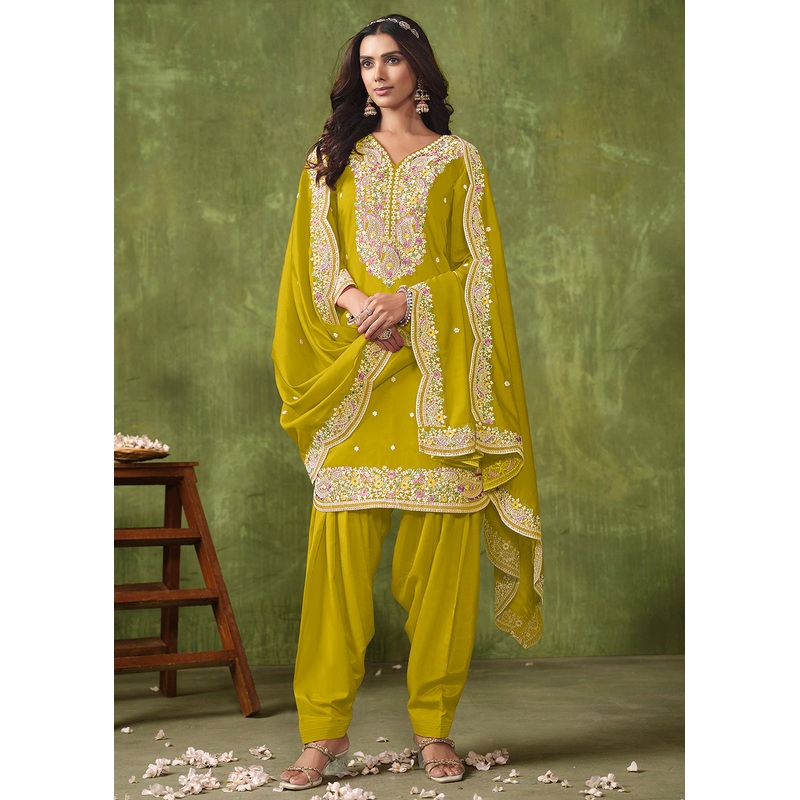Patiala Style Green Chanderi Silk Punjabi Salwar Suit
