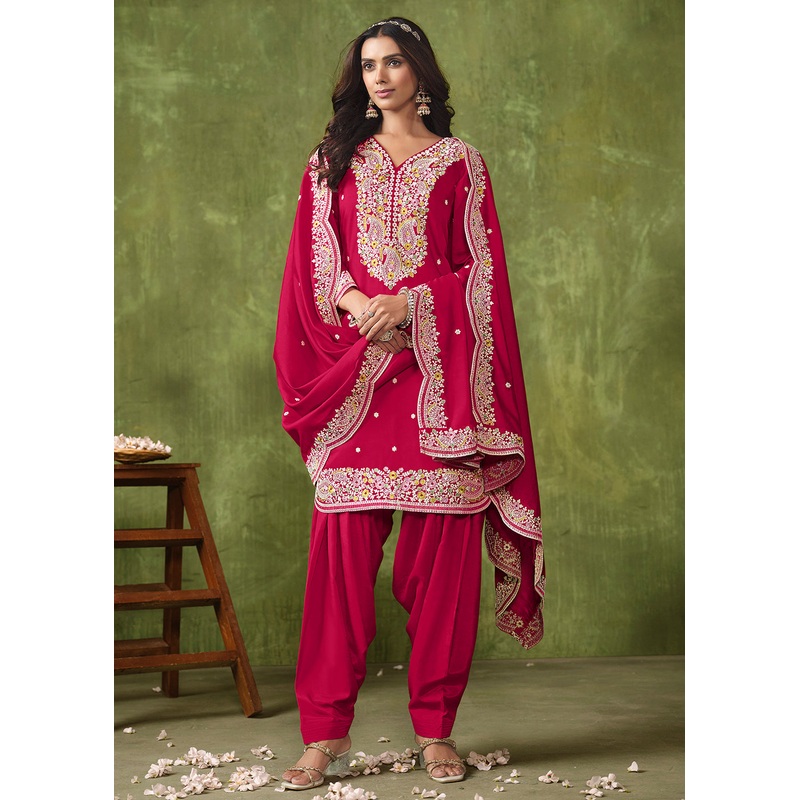 Patiala Style Rani Pink Chanderi Silk Punjabi Salwar Suit