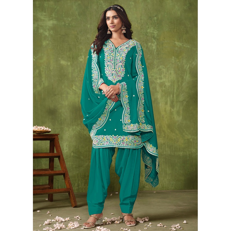 Patiala Style Turquoise Chanderi Silk Punjabi Salwar Suit