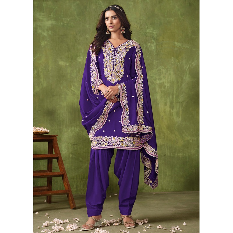 Patiala Style Violet Chanderi Silk Punjabi Salwar Suit