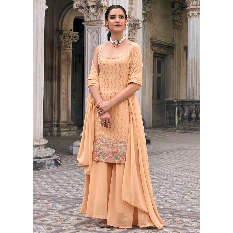 Peach Faux Georgette Festive Sharara Style Suit