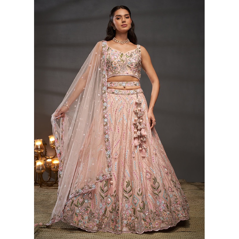 Peach Poly Chiffon Embroidered Bridesmaids Lehenga Choli