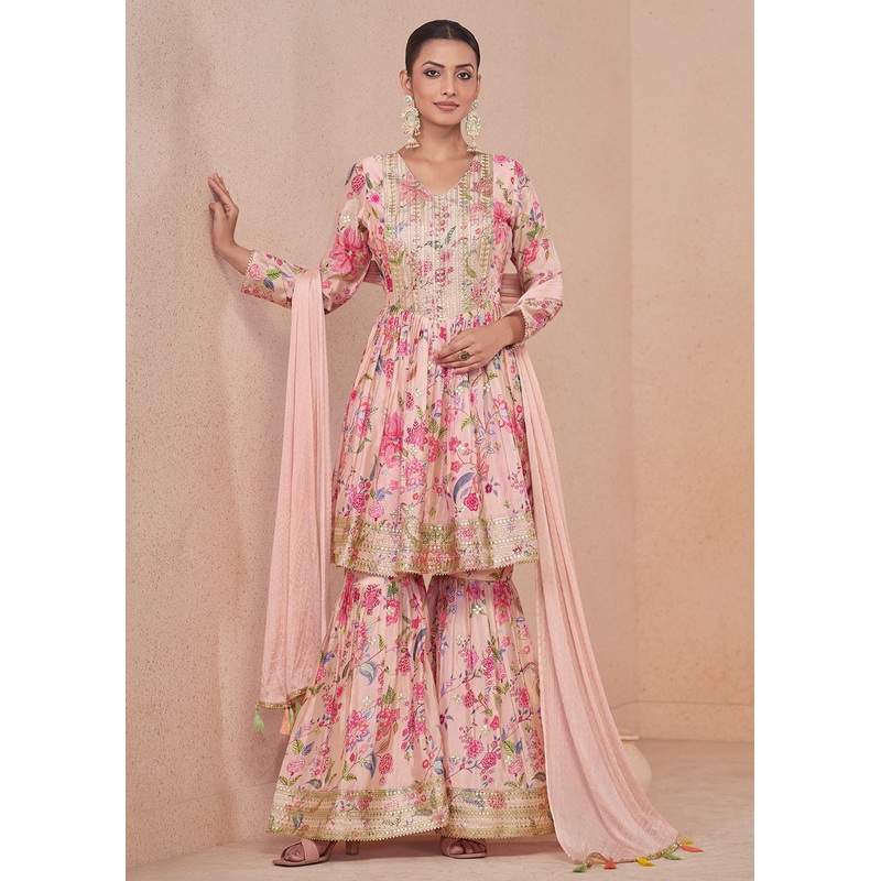Pink Embroidered & Digital Printed Festive Gharara Suit