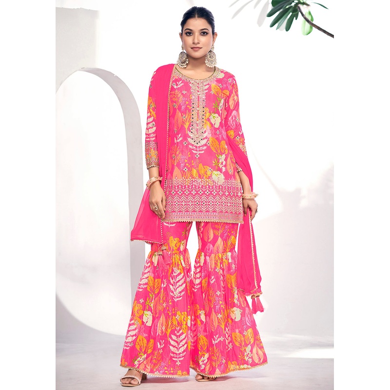 Pink Embroidered & Printed Festive Gharara Suit