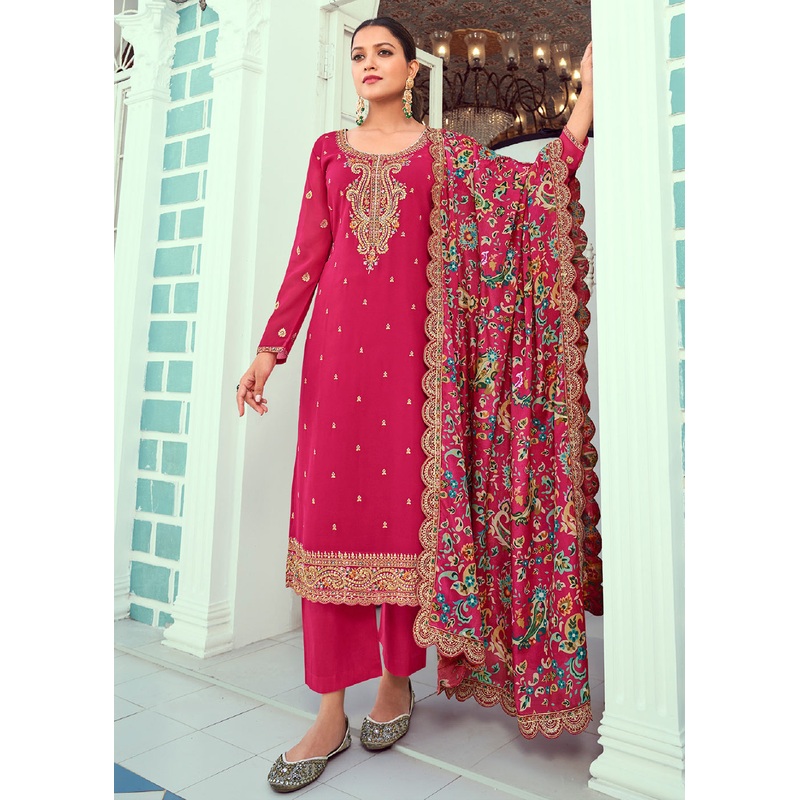 Pink Real Georgette Embroidered Pant Style Salwar Suit