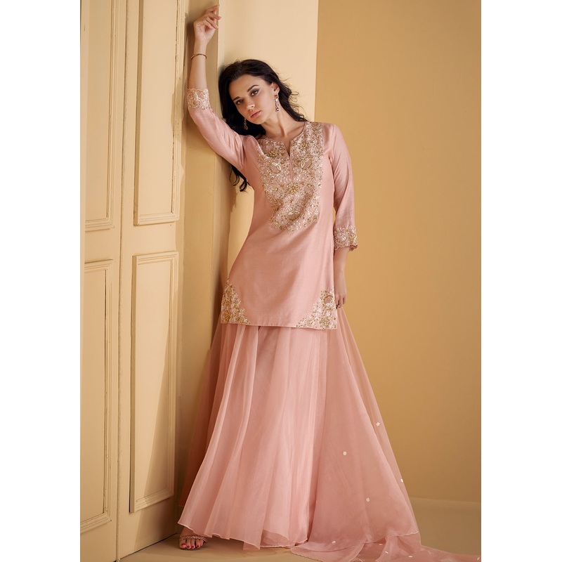 Pure Real Silk Pink Embroidered Festive Sharara Style Suit