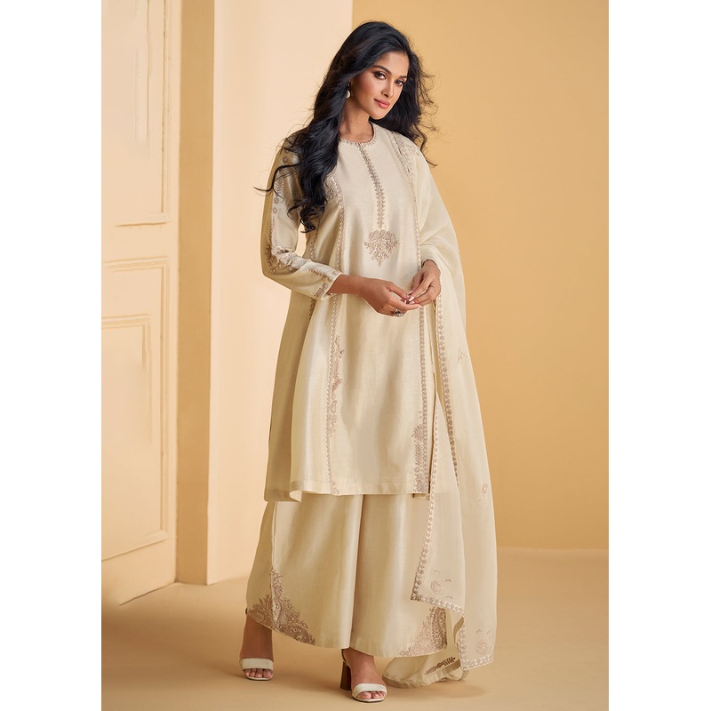 Pure Real Silk White Embroidered Festive Palazzo Style Suit