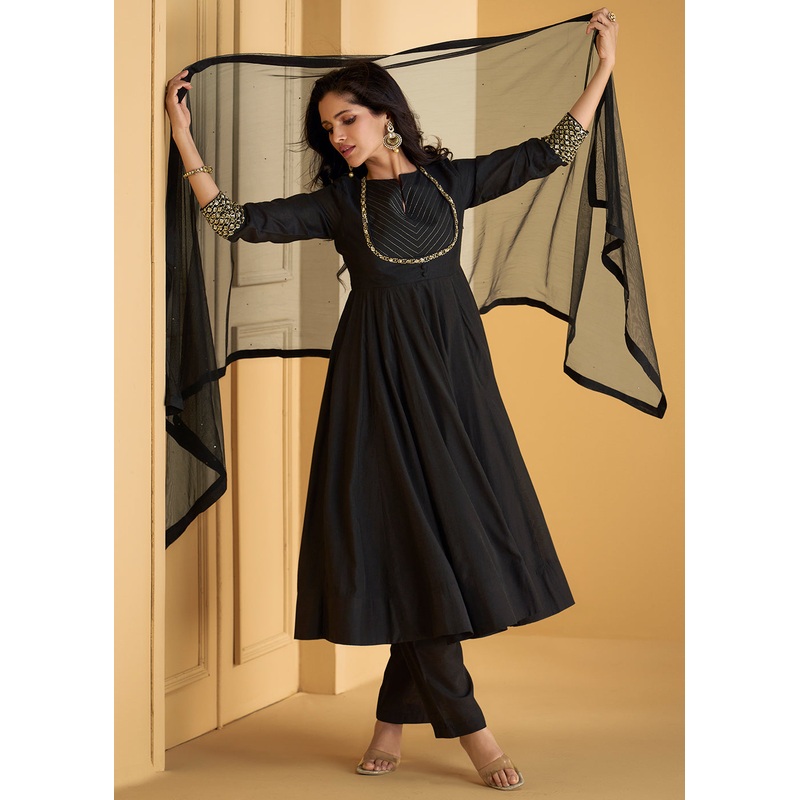 Pure Silk Black Embroidered Anarkali Style Pant Salwar Suit