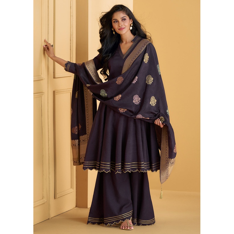 Pure Silk Purple Embroidered Anarkali Style Sharara Suit