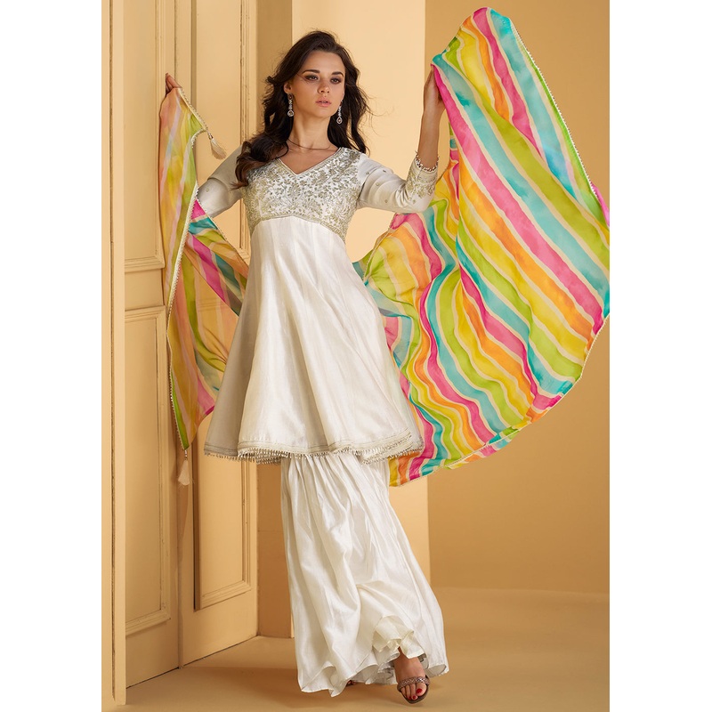 Pure Silk White Embroidered Anarkali Style Gharara Suit