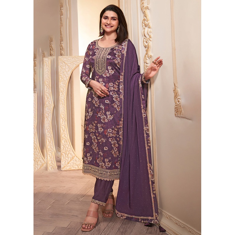 Purple Digital Printed Chinnon Festive Salwar Kameez