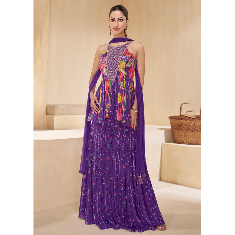 Purple Digital Printed & Embroidered Party Style Sharara Suit