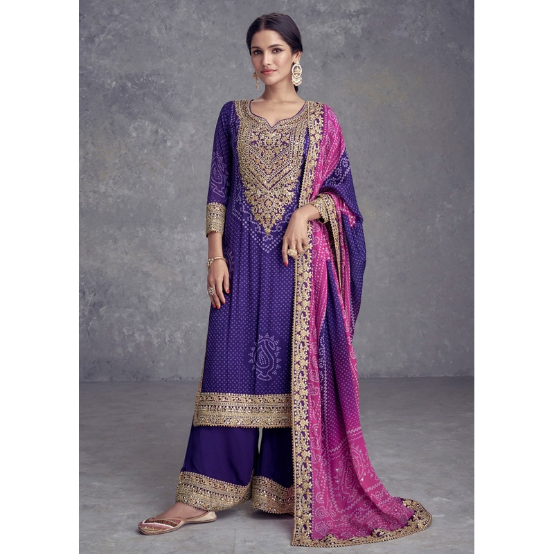 Purple Embroidered Chinnon Wedding Style Palazzo Suit
