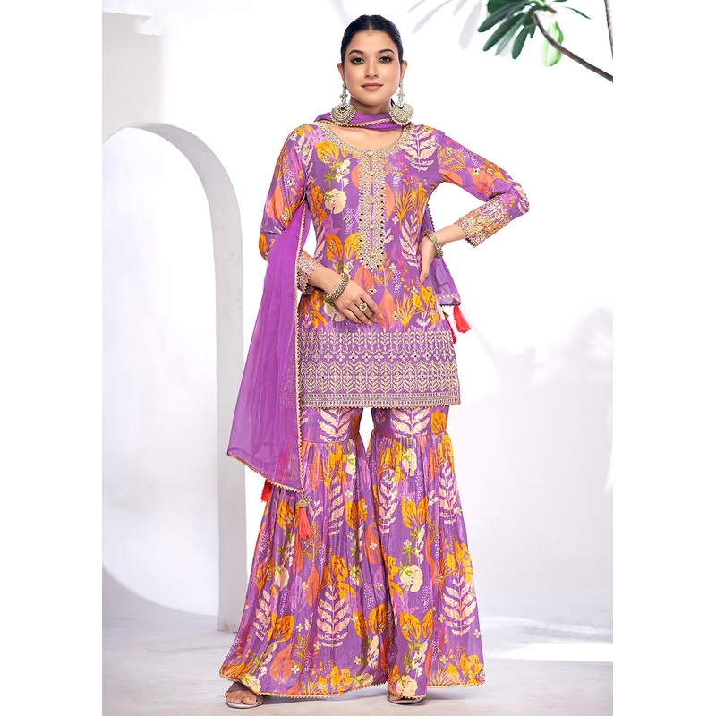 Purple Embroidered & Printed Festive Gharara Suit