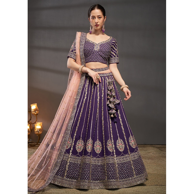 Purple Pure Silk Sabyasachi Style Bridal Lehenga Choli