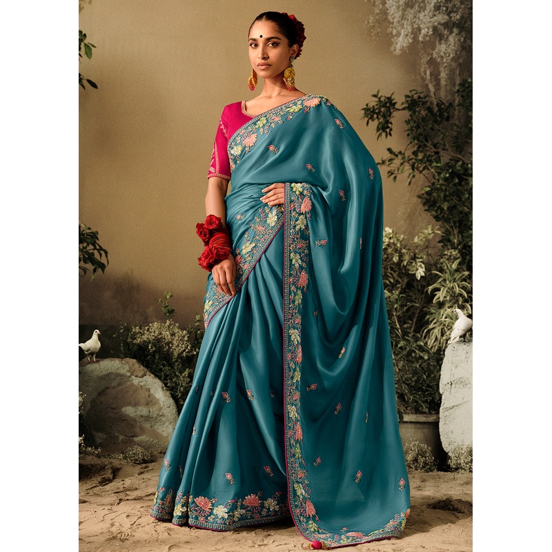 Rama Blue Khatli Work Embroidered Designer Wedding Saree