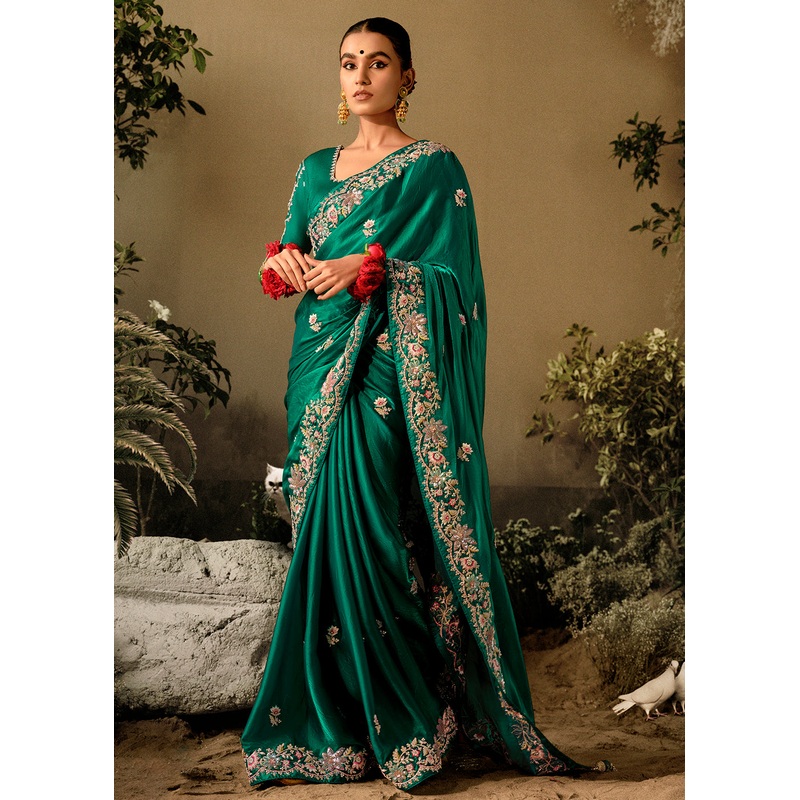 Rama Green Khatli Work Embroidered Designer Wedding Saree