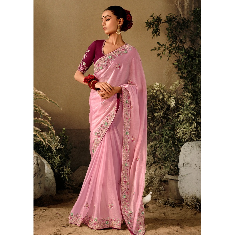 Rose Pink Khatli Work Embroidered Designer Wedding Saree