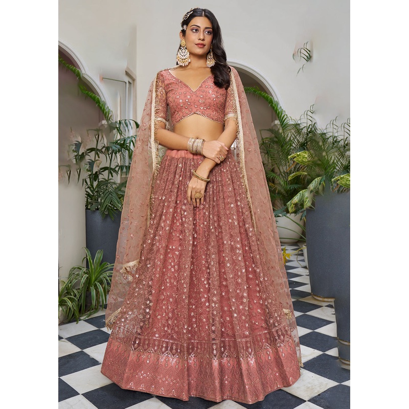 Rust Pink Designer Embroidered Wedding Lehenga Choli
