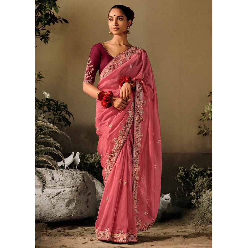 Salmon Pink Khatli Work Embroidered Designer Wedding Saree