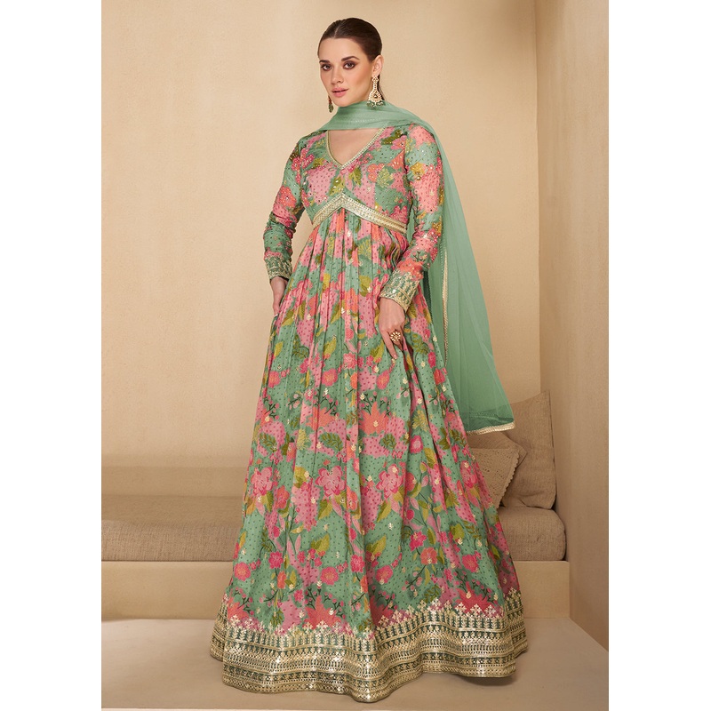 Sequins Work Embroidered Green Wedding Anarkali Gown