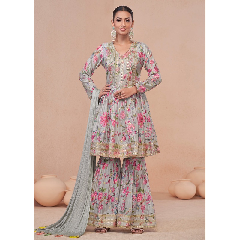 Soft Grey Embroidered & Digital Printed Festive Gharara Suit