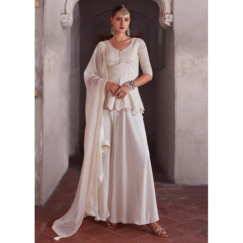 Spectacular Off White Georgette Peplum Style Sharara Suit