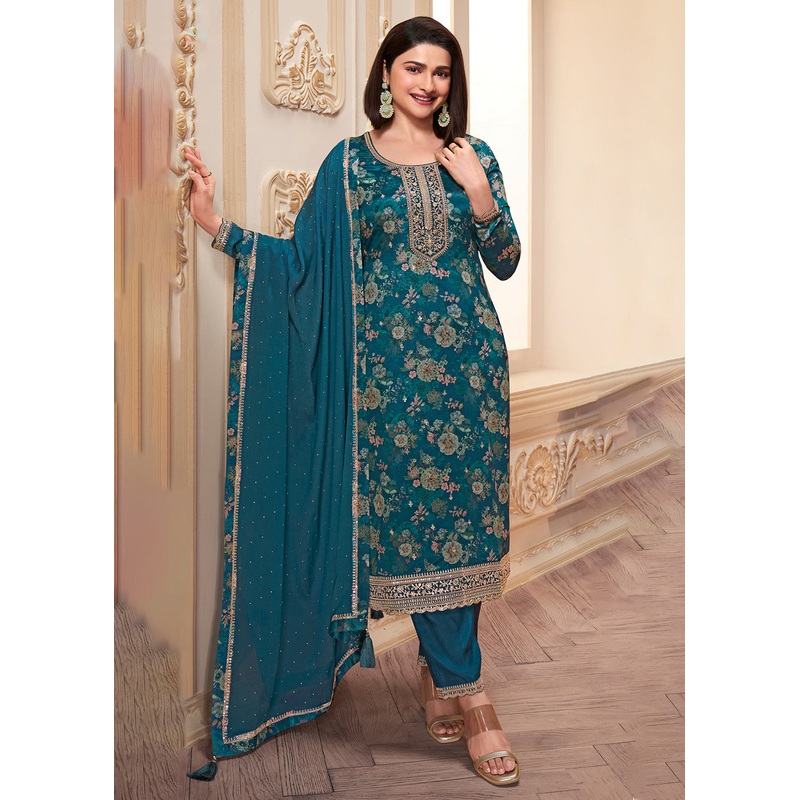 Teal Digital Printed Chinnon Festive Salwar Kameez