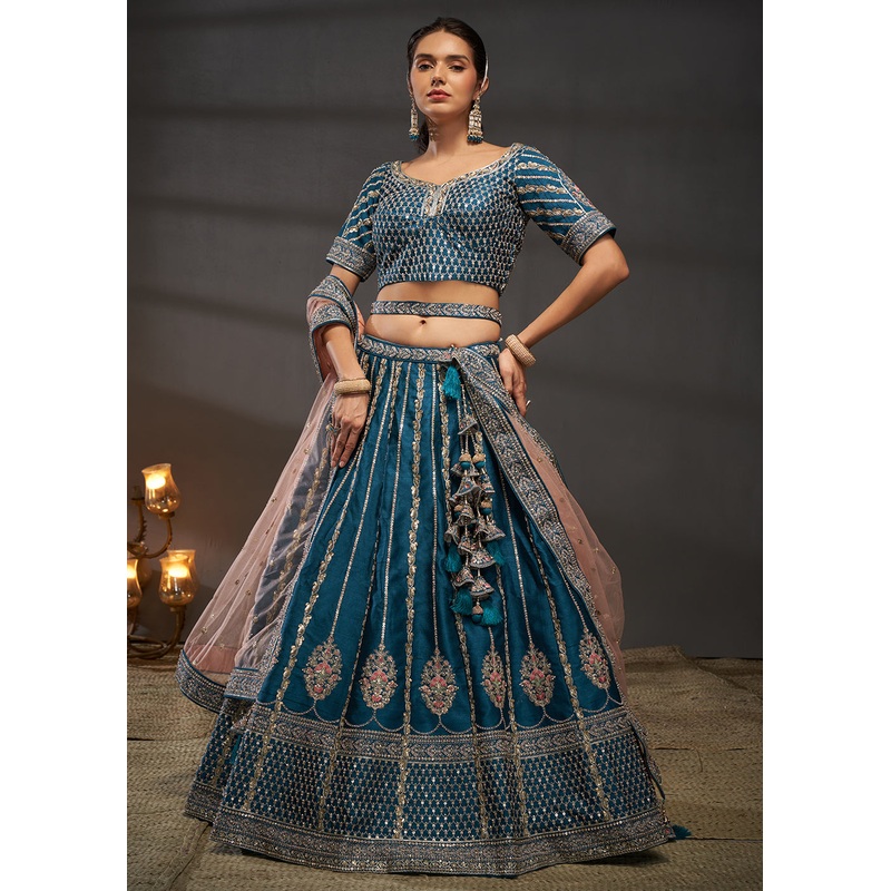 Teal Pure Silk Sabyasachi Style Bridal Lehenga Choli