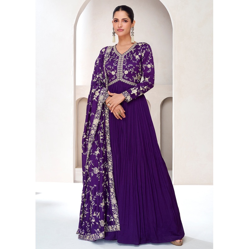 Topnotch Purple Embroidered Premium Silk Anarkali Suit