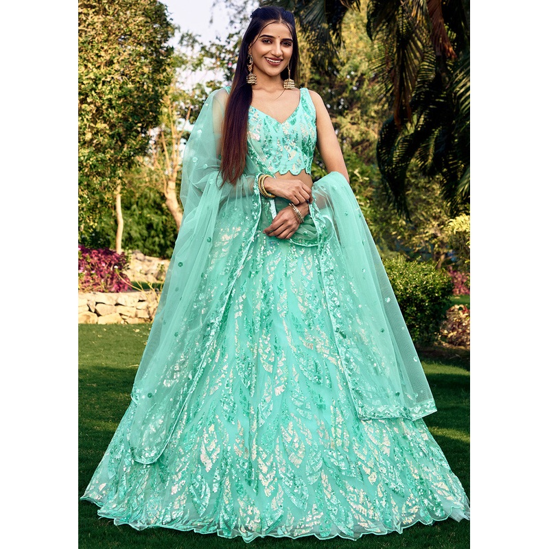 Turquoise Multi Sequins & Thread Wedding Lehenga Choli