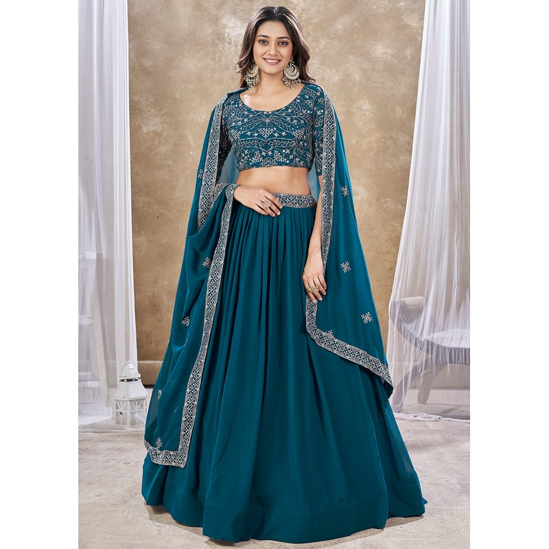 Wedding Festive Style Teal Blue Embroidered Lehenga Choli