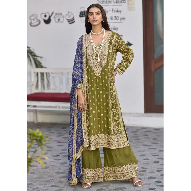 Wedding Wear Green Palazzo Suit with Bandhej Dupatta