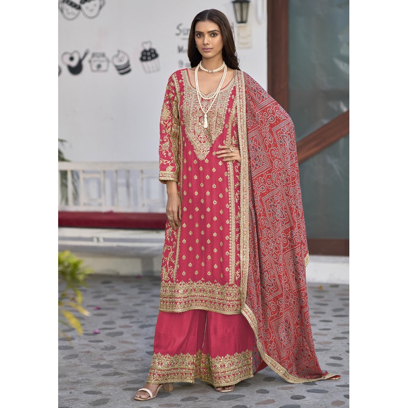 Wedding Wear Pink Palazzo Suit with Bandhej Dupatta