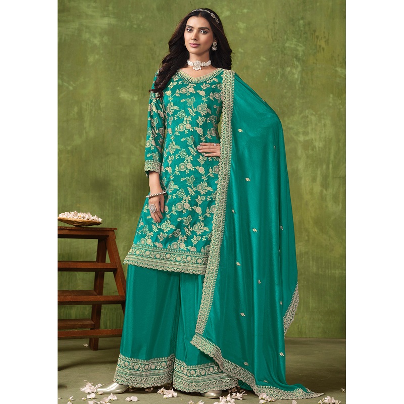 Wedding Wear Turquoise Dola Silk Jacquard Palazzo Suit