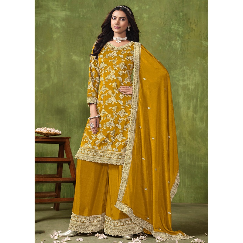 Wedding Wear Yellow Dola Silk Jacquard Palazzo Suit