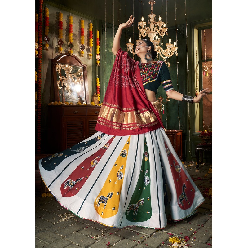 White Multicolor Mirror Work & Printed Chaniya Choli for Navratri
