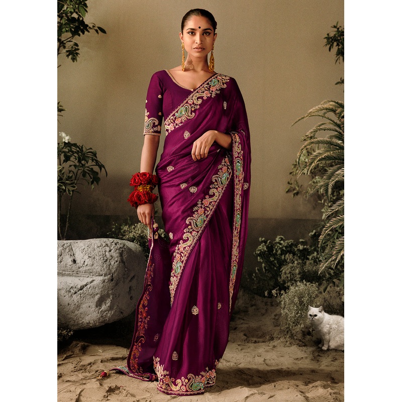 Wine Khatli Work Embroidered Designer Wedding Saree