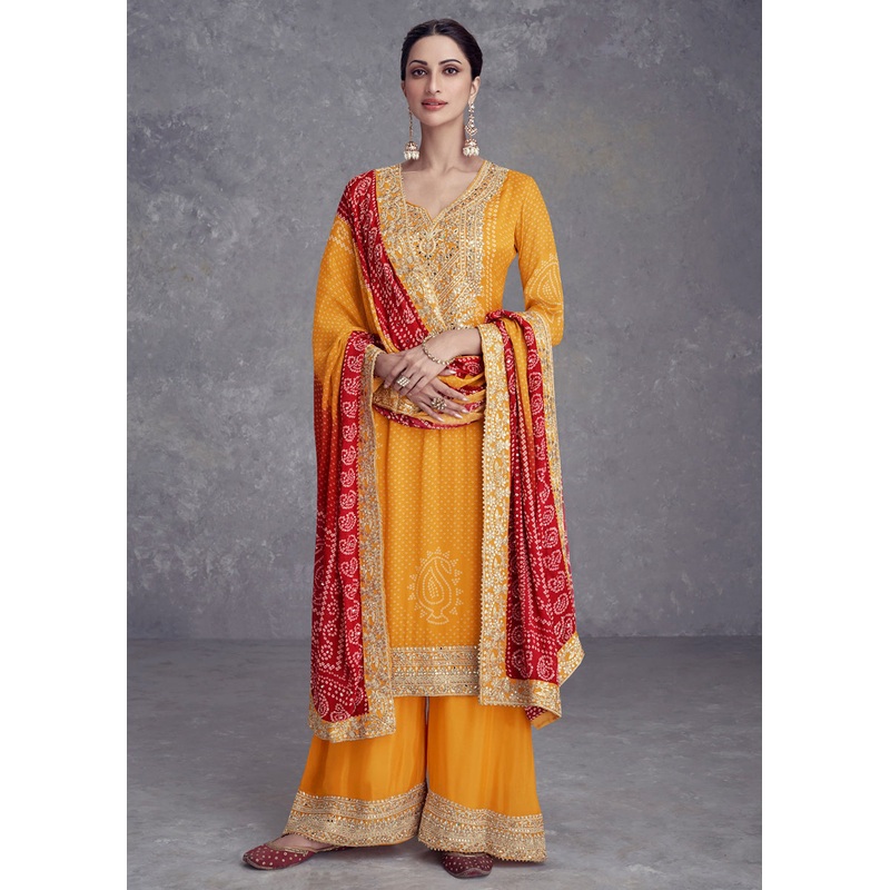 Yellow Embroidered Chinnon Wedding Style Palazzo Suit