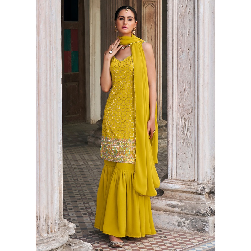 Yellow Faux Georgette Festive Gharara Style Suit