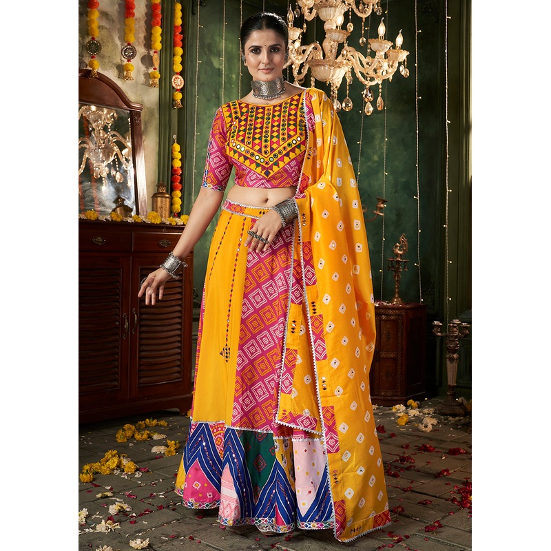 Yellow Multicolor Mirror Work & Printed Chaniya Choli for Navratri