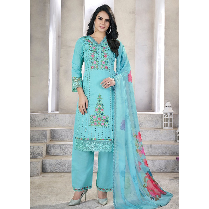 Aqua Blue Roman Silk Embroidered Festive Salwar Kurta Suit