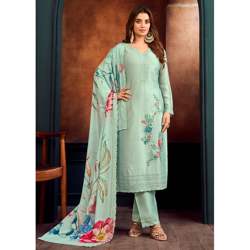 Beautiful Aqua Blue Georgette Festive Salwar Kurta Suit