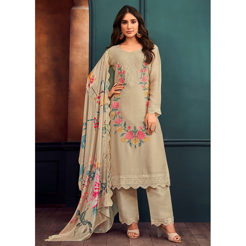 Beautiful Beige Georgette Festive Salwar Kurta Suit