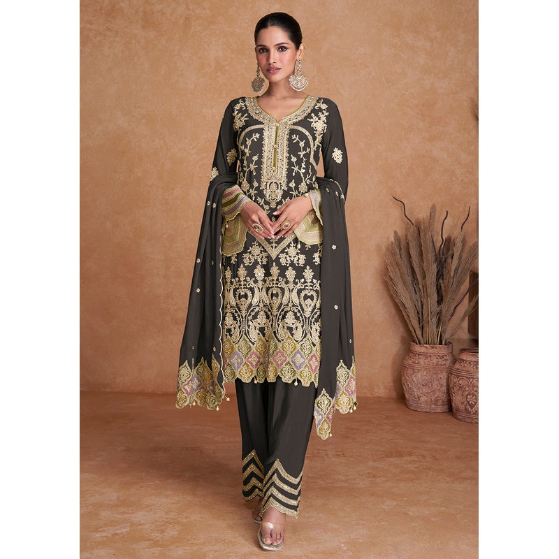 Black Chinnon Fabric Embroidered Designer Salwar Suit