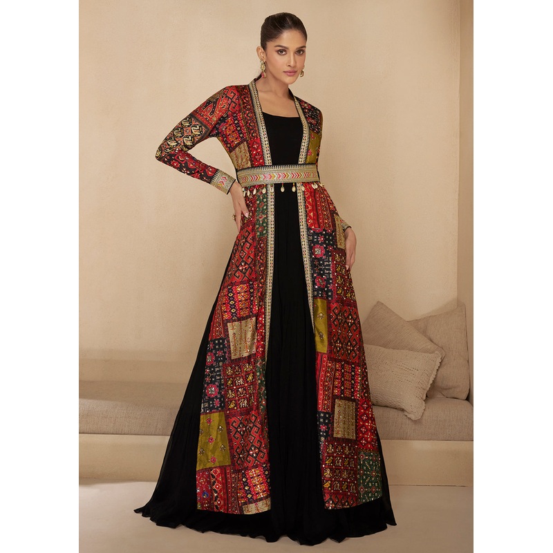 Black Embroidered Georgette Shrug Style Anarkali Suit