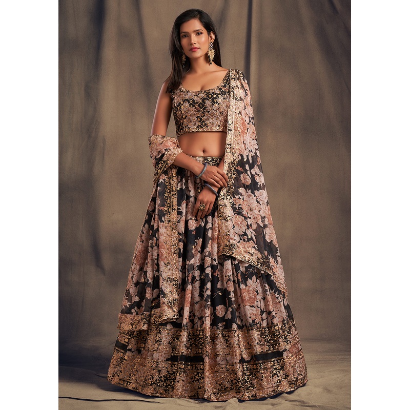 Black Floral Embroidered Organza Wedding Lehenga Choli