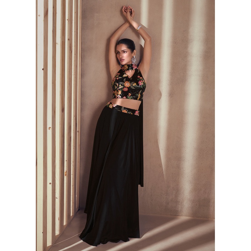 Black Real Chinnon Indo Western Palazzo Suit